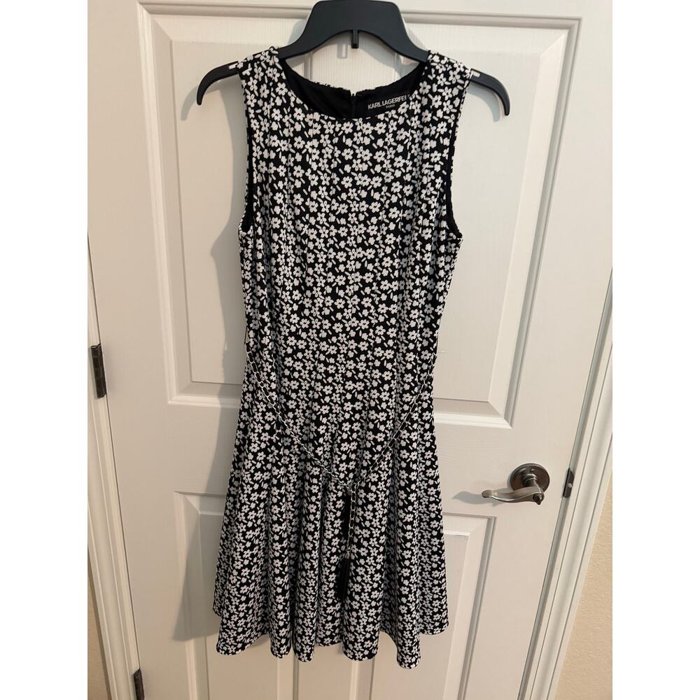 Karl Lagerfeld Paris New Sleeveless Fit Flare Dress Black White Floral Belted 4
